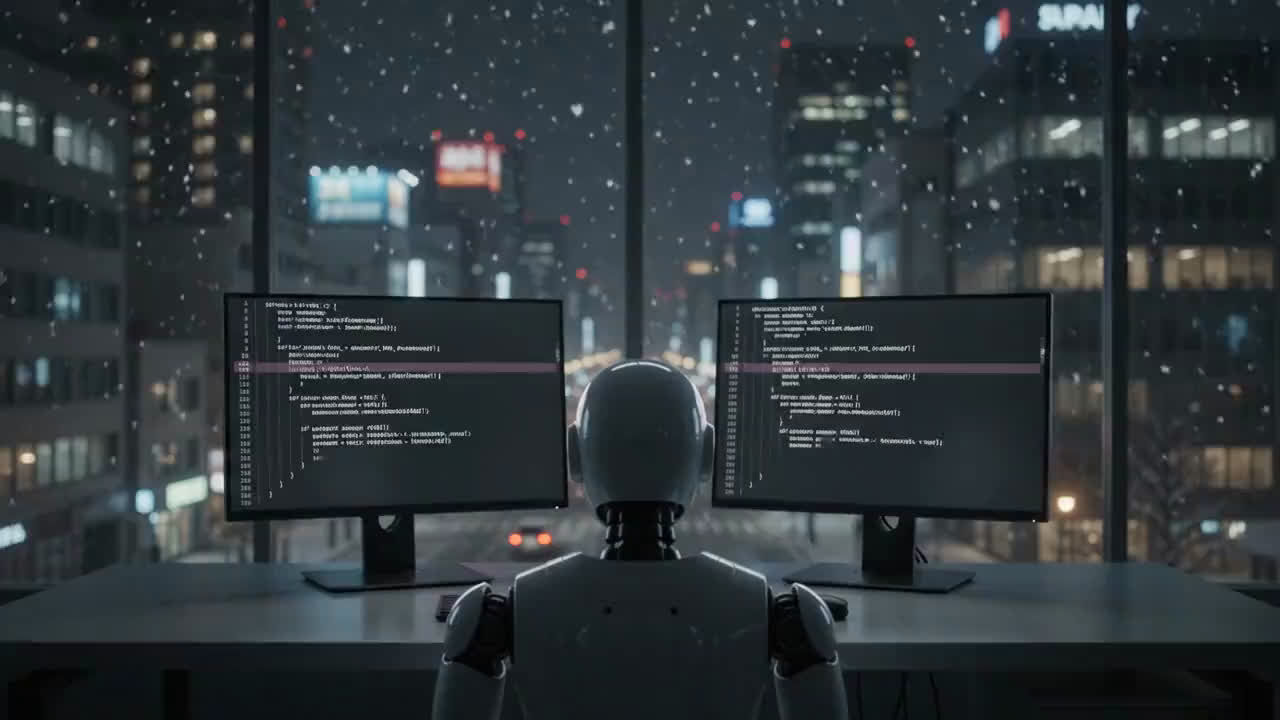 夜のオフィスで2台のモニターに向かうロボット。窓の外は雪の降る街並み